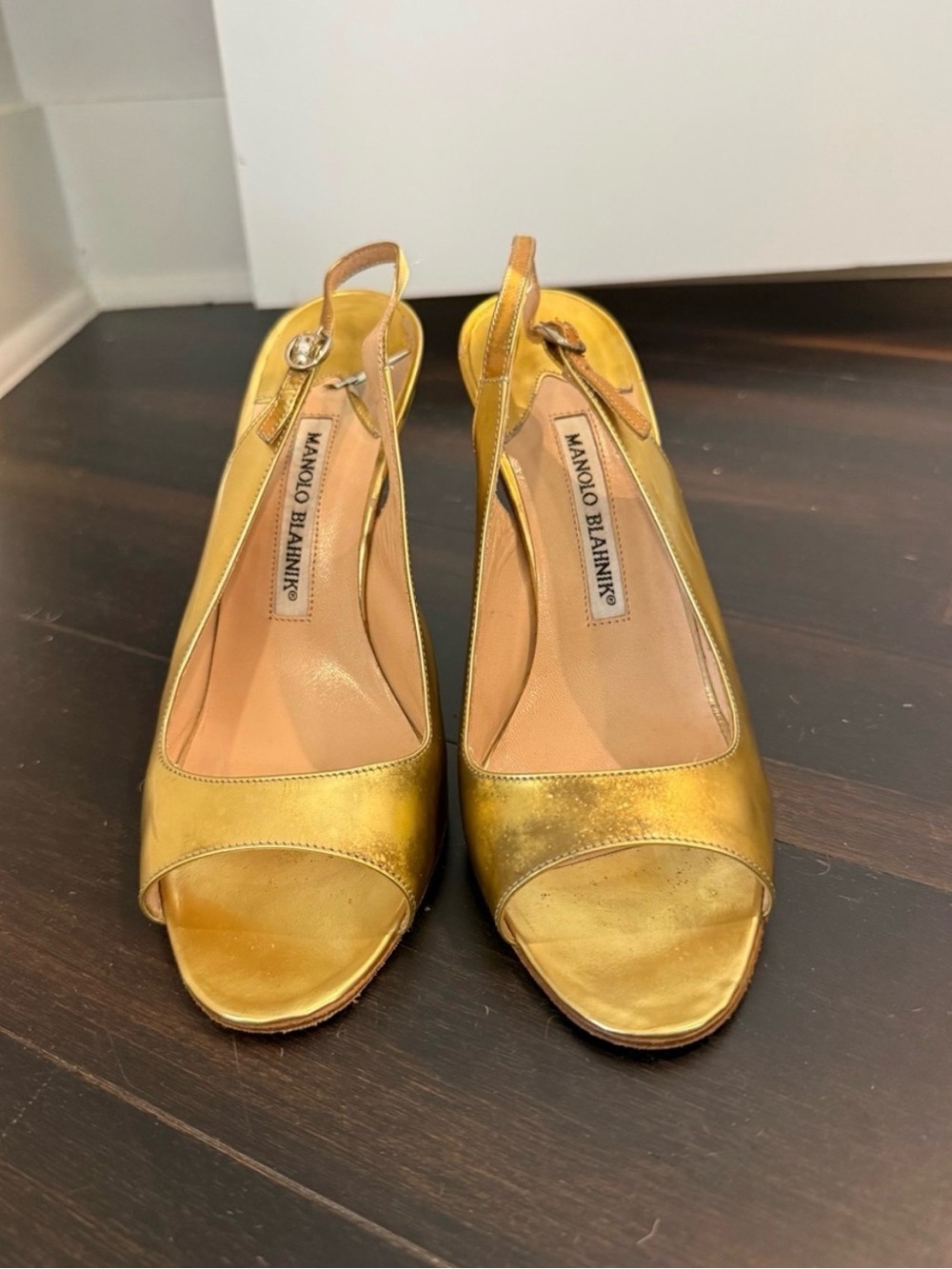 Vintage Manolo Blahnik Metallic Gold Peep-Toe Slingback Mules